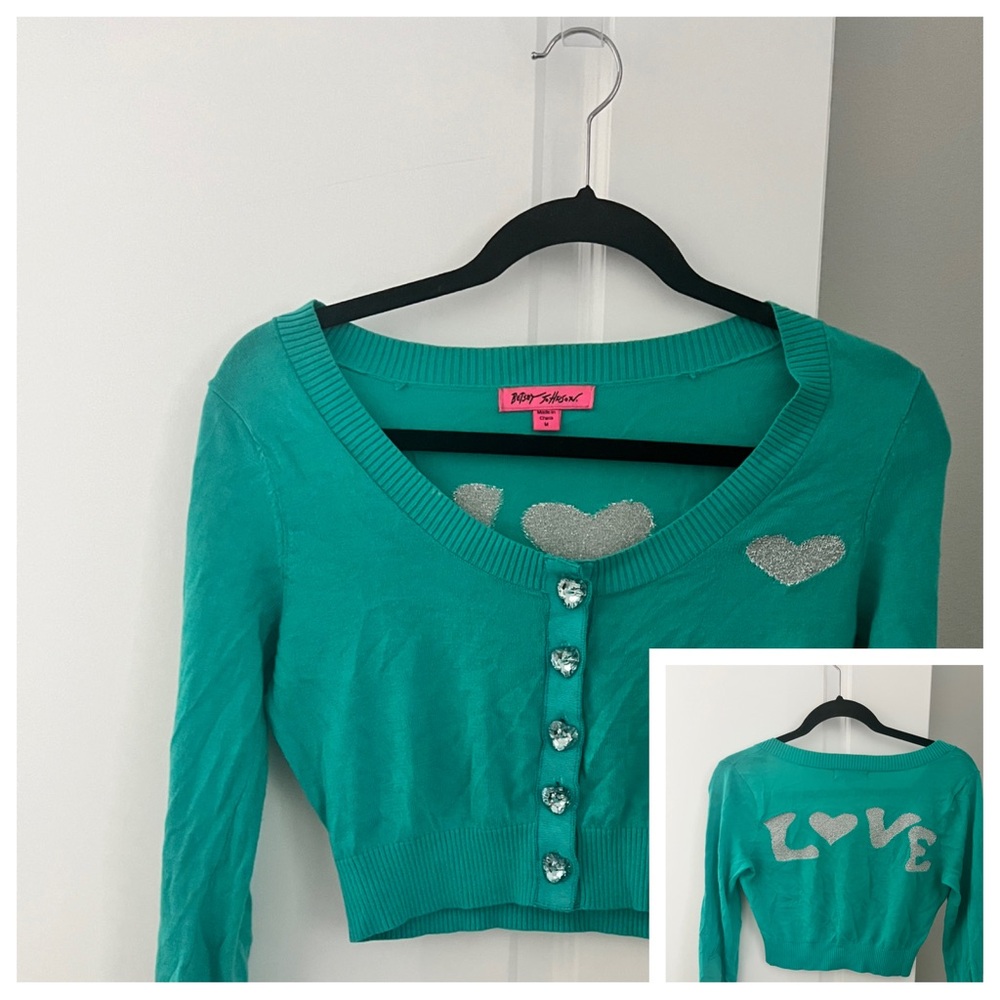 EUC 2012 Betsey Johnson Teal Cropped LOVE Cardigan, Size M